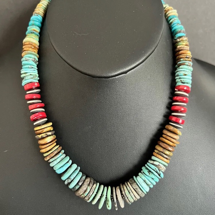Sterling Silver Blue Green Turquoise W Red Coral Bead Necklace 19 Inch